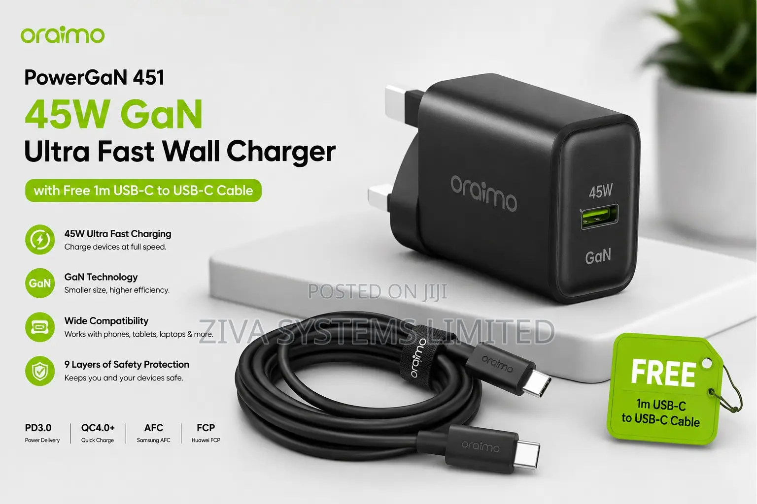 Oraimo Powergan 451 45w Gan Ultra Fast Wall Charger + Free Cable