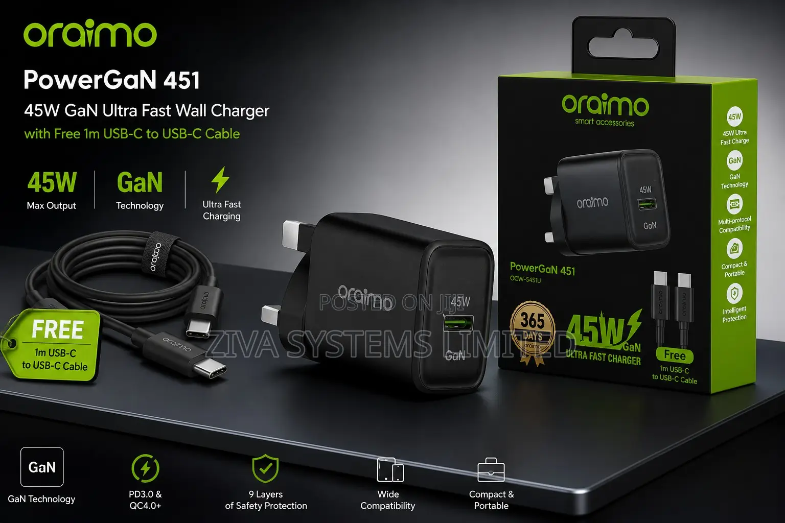Oraimo Powergan 451 45w Gan Ultra Fast Wall Charger + Free Cable