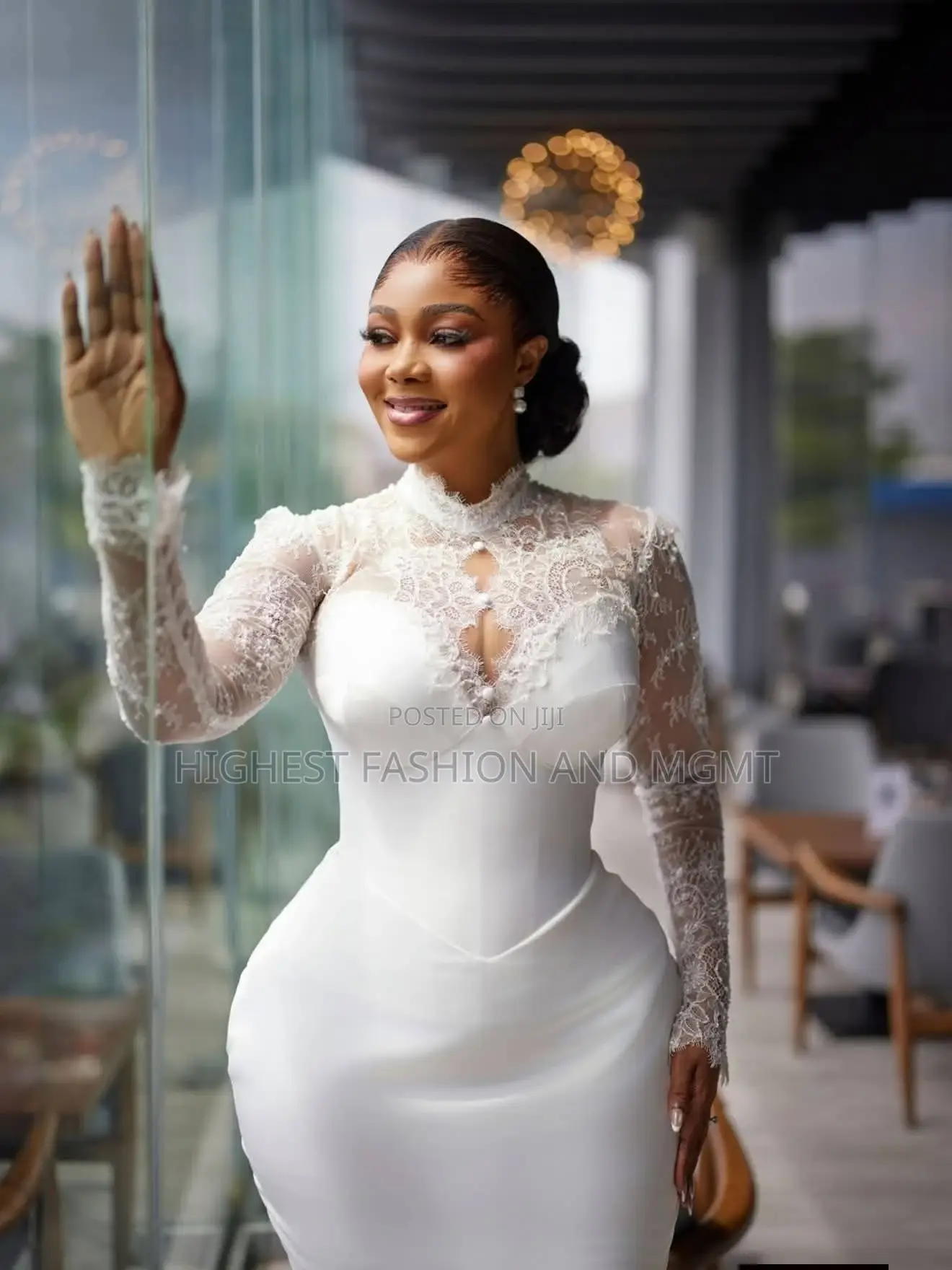 Classy White High-Neck Reception Dress With Pearls