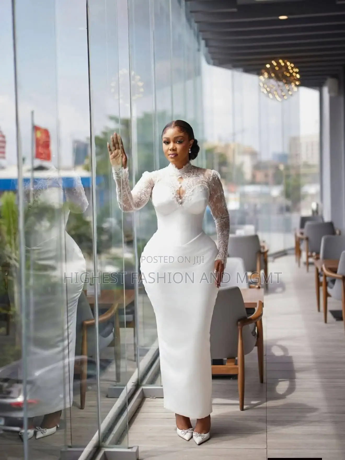 Classy White High-Neck Reception Dress With Pearls