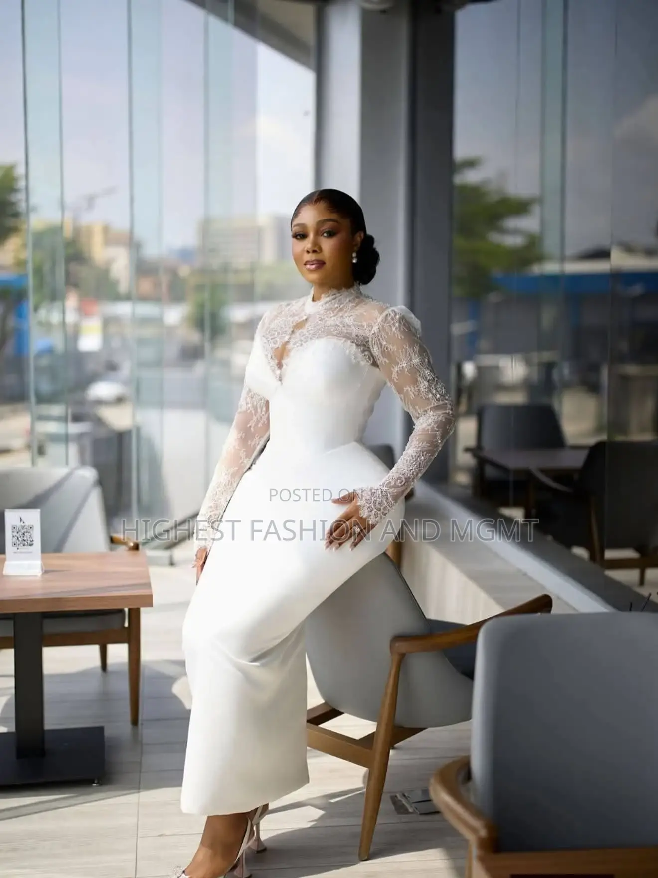 Classy White High-Neck Reception Dress With Pearls