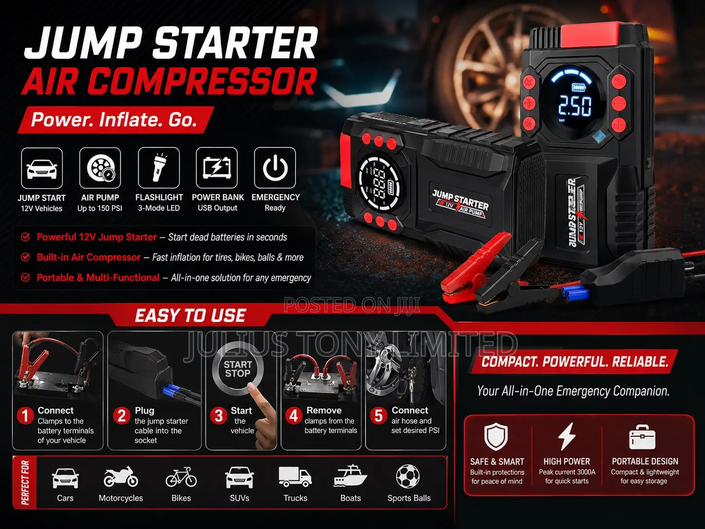 Jump Starter With Air Compressor 12v, 3000a Peak,98800mah Powerbank