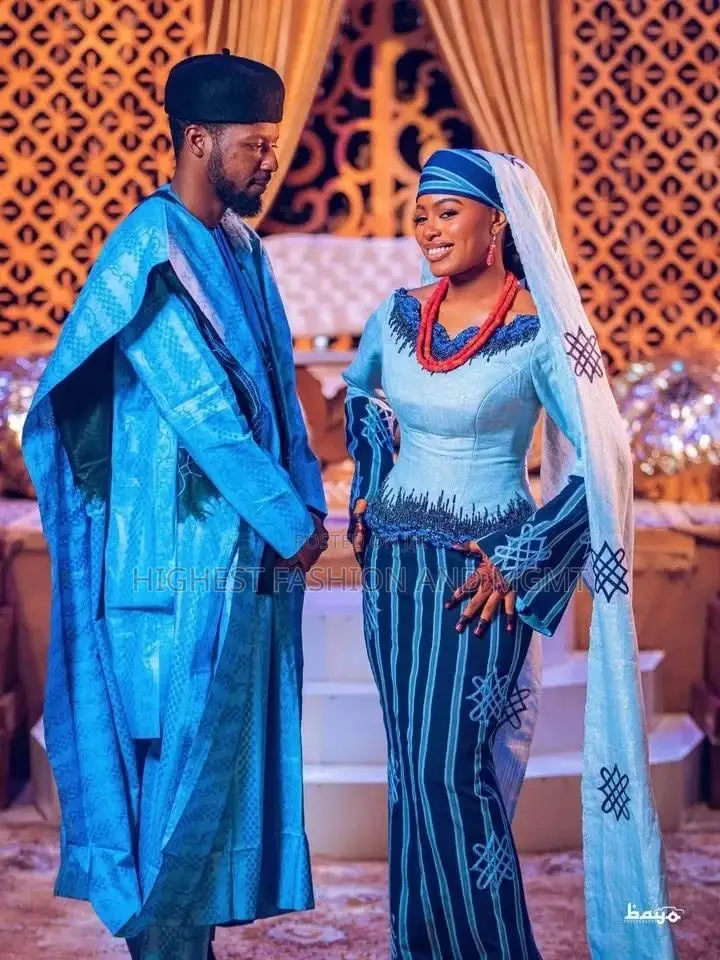 Classy Arewa Blue Striped Bridal Gown Long Veil Set