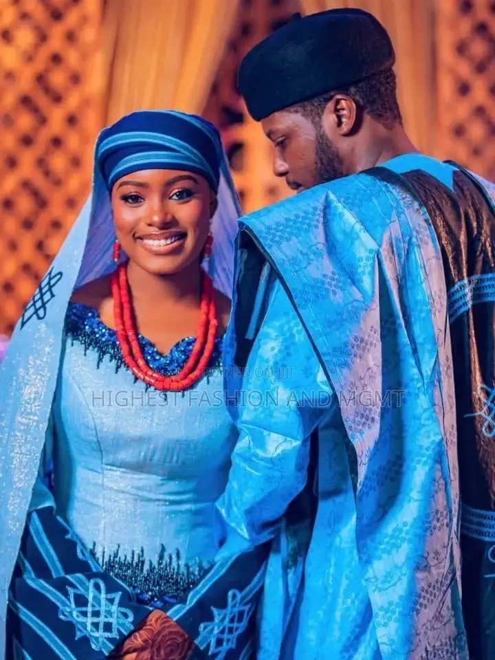 Classy Arewa Blue Striped Bridal Gown Long Veil Set