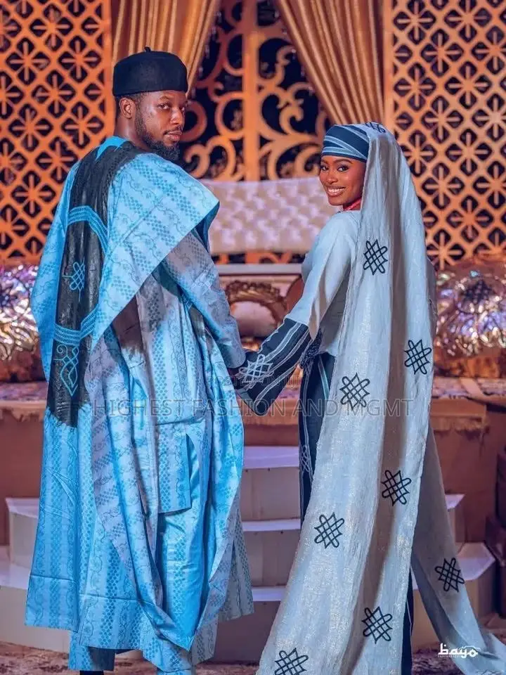 Classy Arewa Blue Striped Bridal Gown Long Veil Set