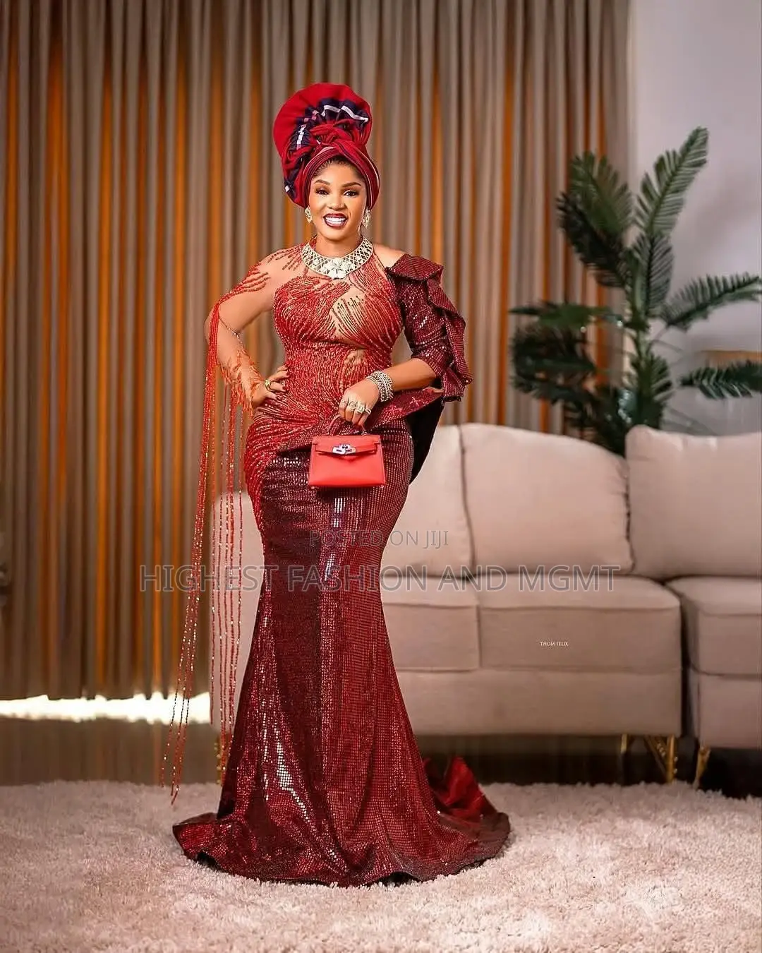 Elite Asymmetric Metallic Red Wedding Gown Set