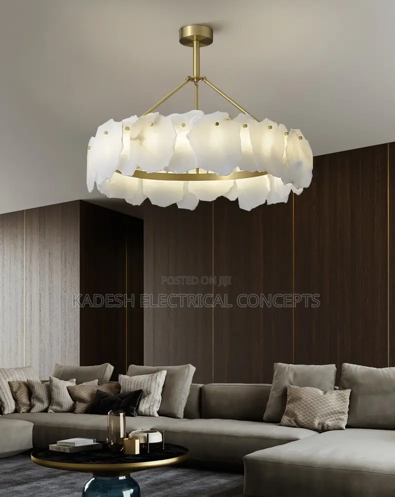 Round Natural Alabaster Brass Copper Spanish Marble Chandelier Light