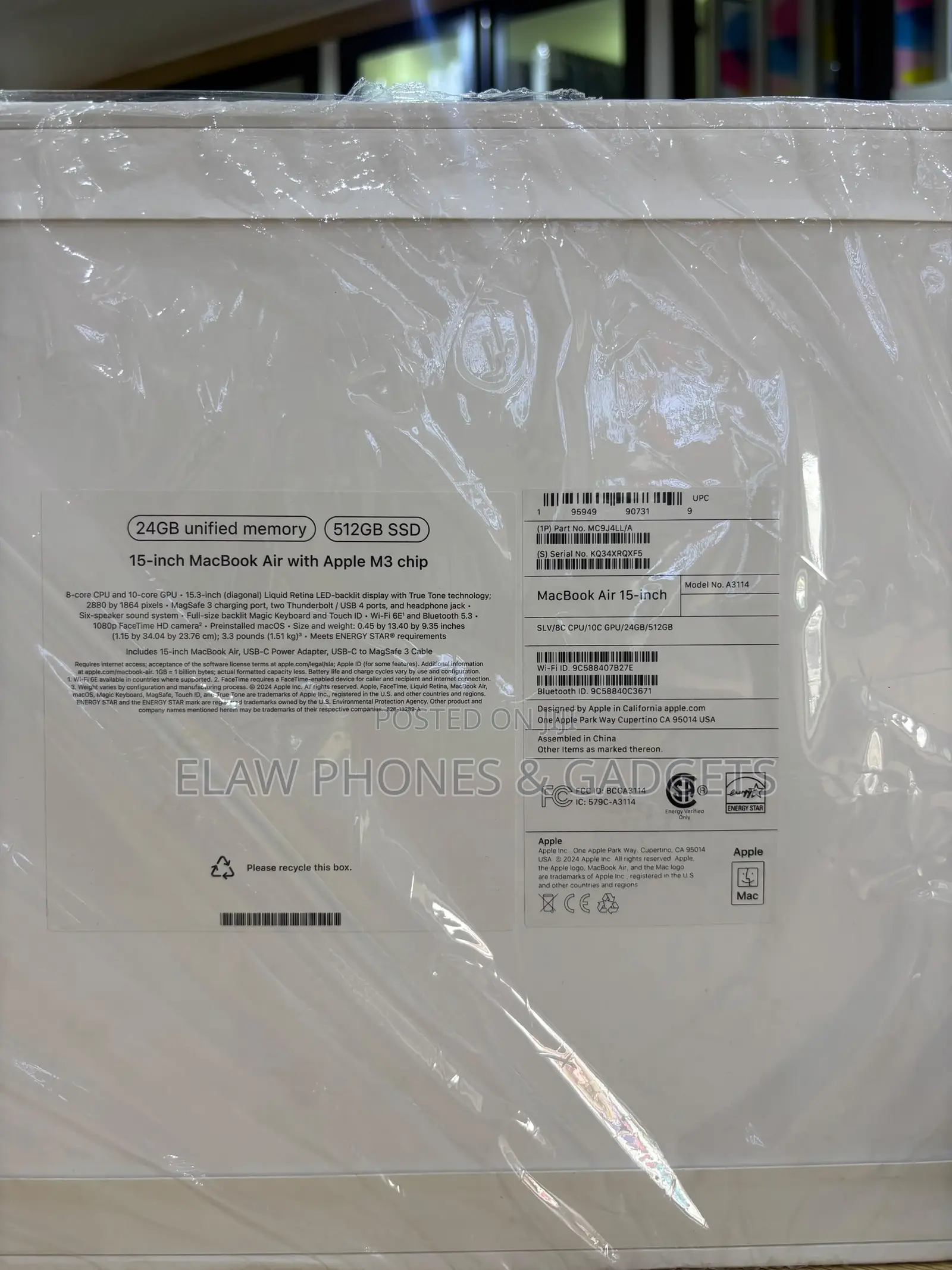 New Laptop Apple MacBook Air 2024 M3 24GB Intel Core Ultra 5 SSD 512GB