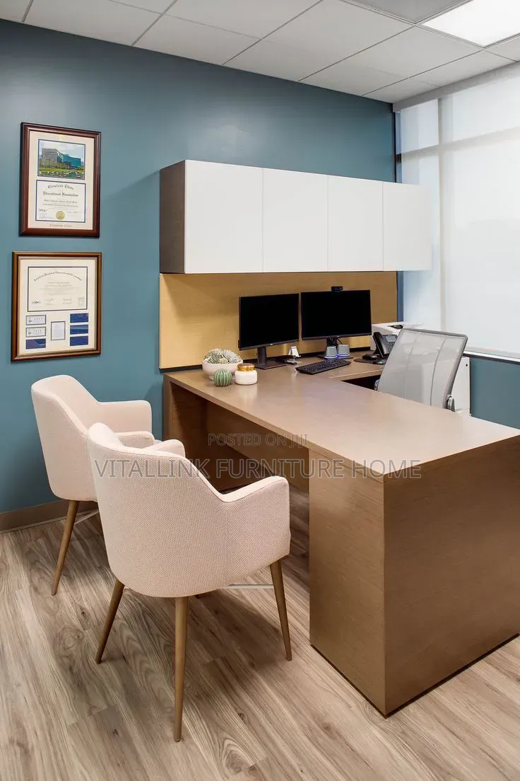 Luxury Wooden Office Table With Upper Storage Cabinets