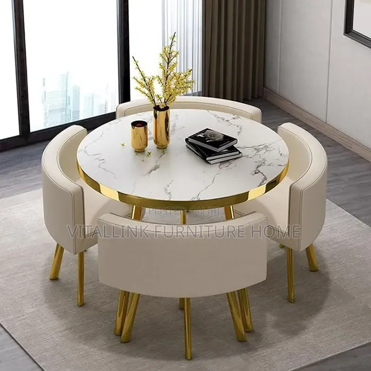 Luxury 4-Seater Round Dining Set – Marble Table Gold Metal Legs