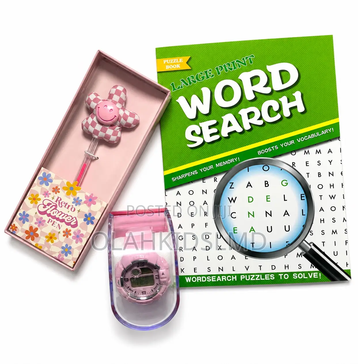 Girls’ Gift Set – Retro Flower Pen, Pink Digital Sports Watch Word