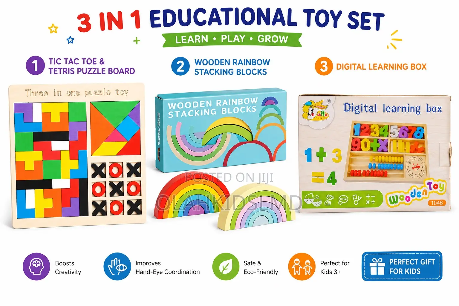 3-in-1 Wooden Educational Toy Set – Tic Tac Toe/Tetris Puzzle Board, L