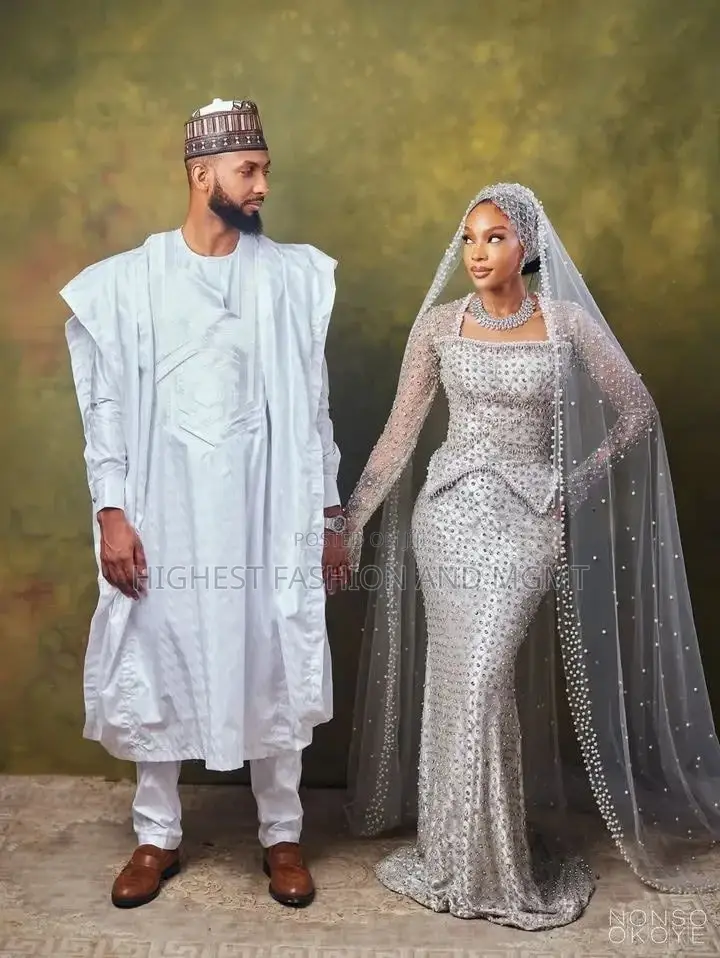 Luxury Silver Crystal-Encrusted Mermaid Gown With Pearl Cathedral Veil