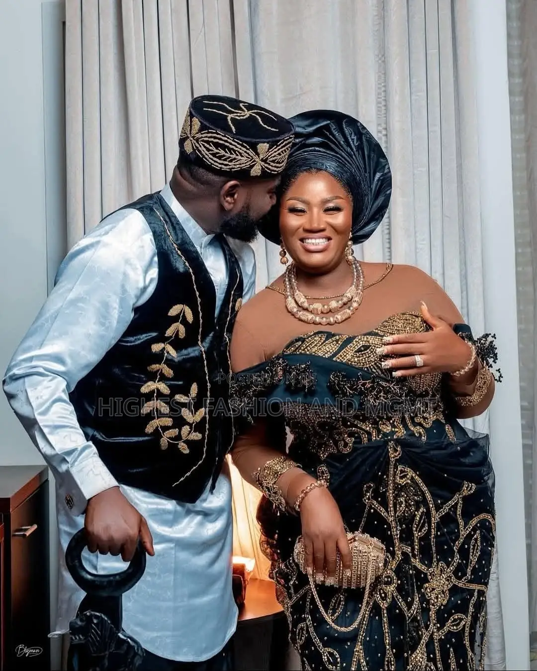 Luxury Black and Gold Heavily Beaded Corset Column Gown With Gele