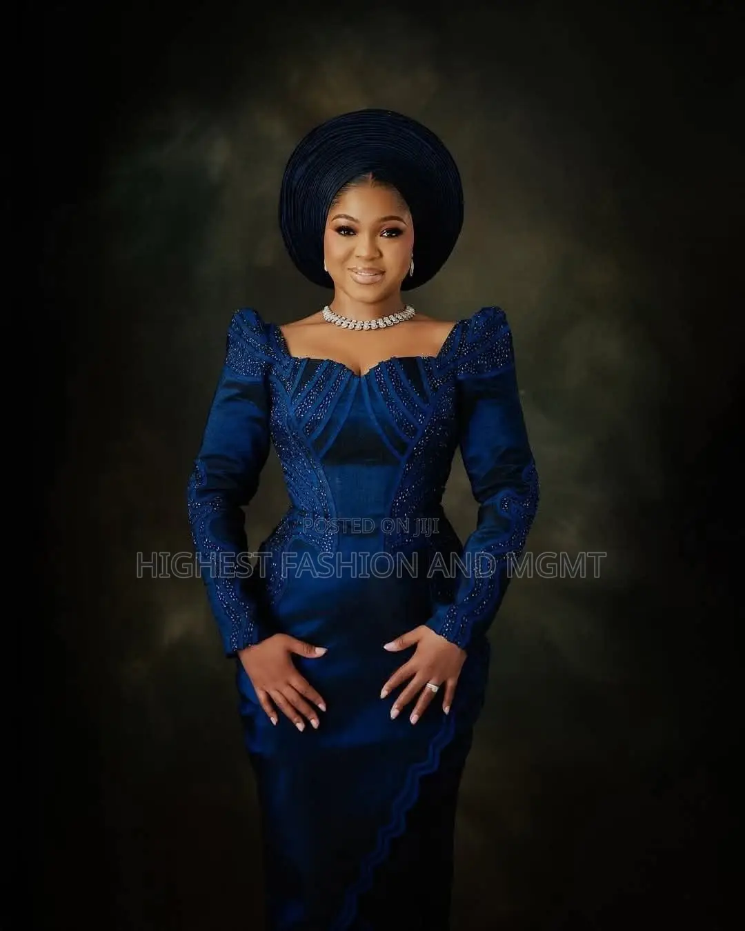 Luxury Tonal-Beaded Midnight Blue Silk-Aso Oke Traditional Dress