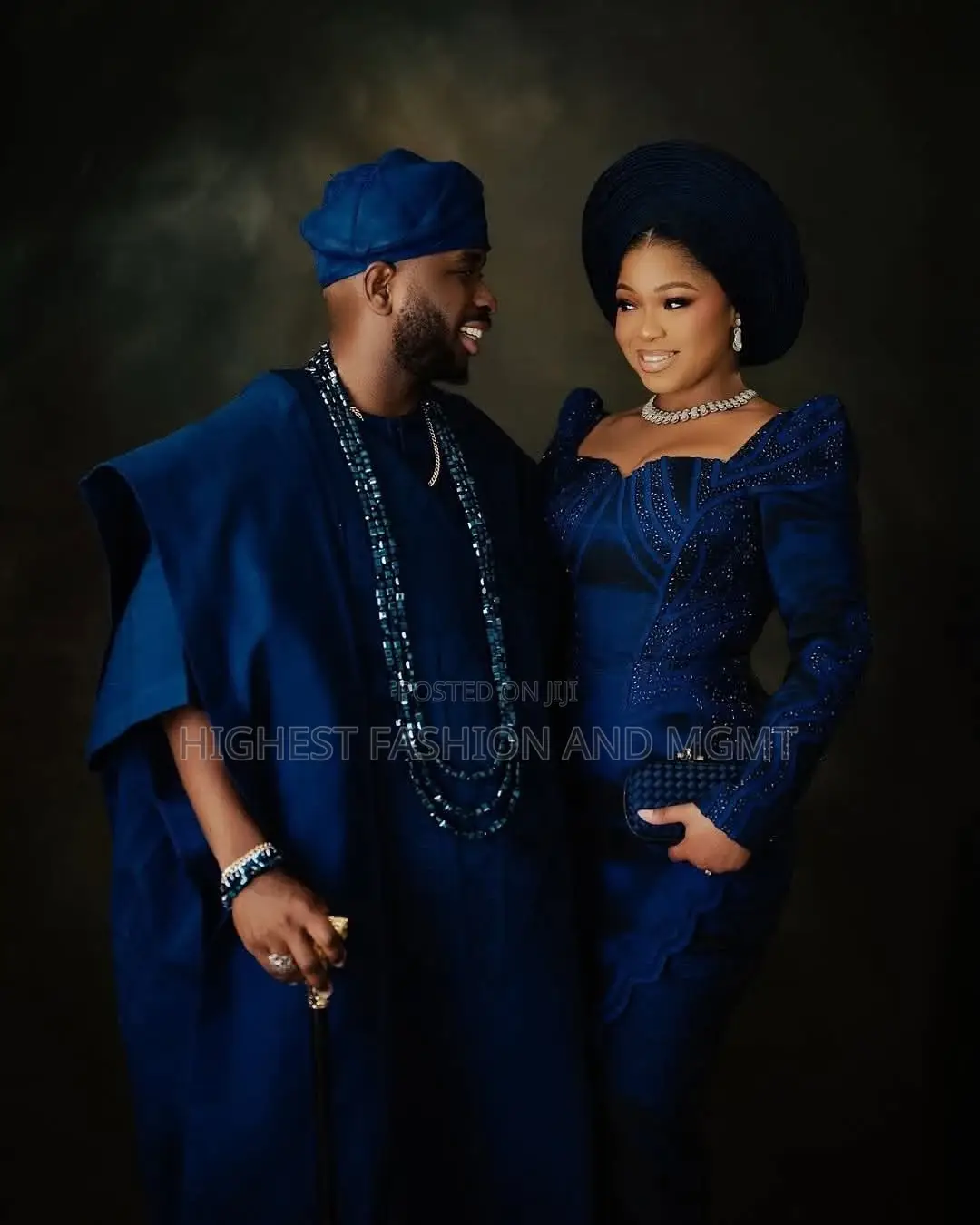 Luxury Tonal-Beaded Midnight Blue Silk-Aso Oke Traditional Dress