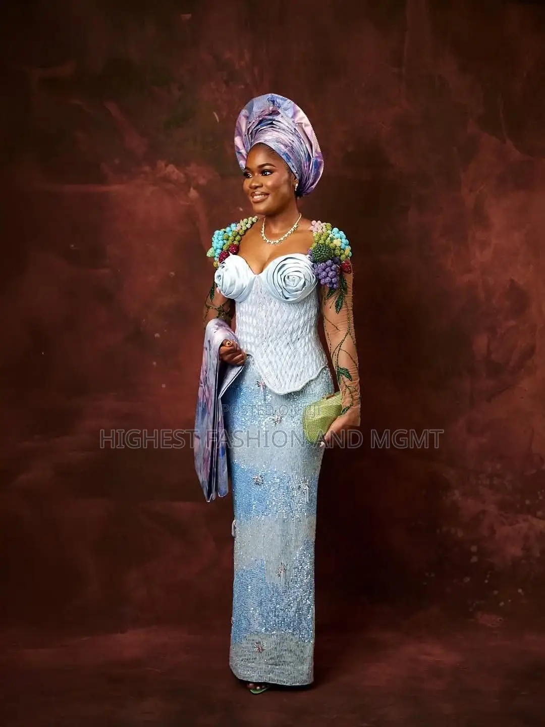 Haute Couture Ice Blue Corset Gown With 3d Beaded Botanical Shoulders