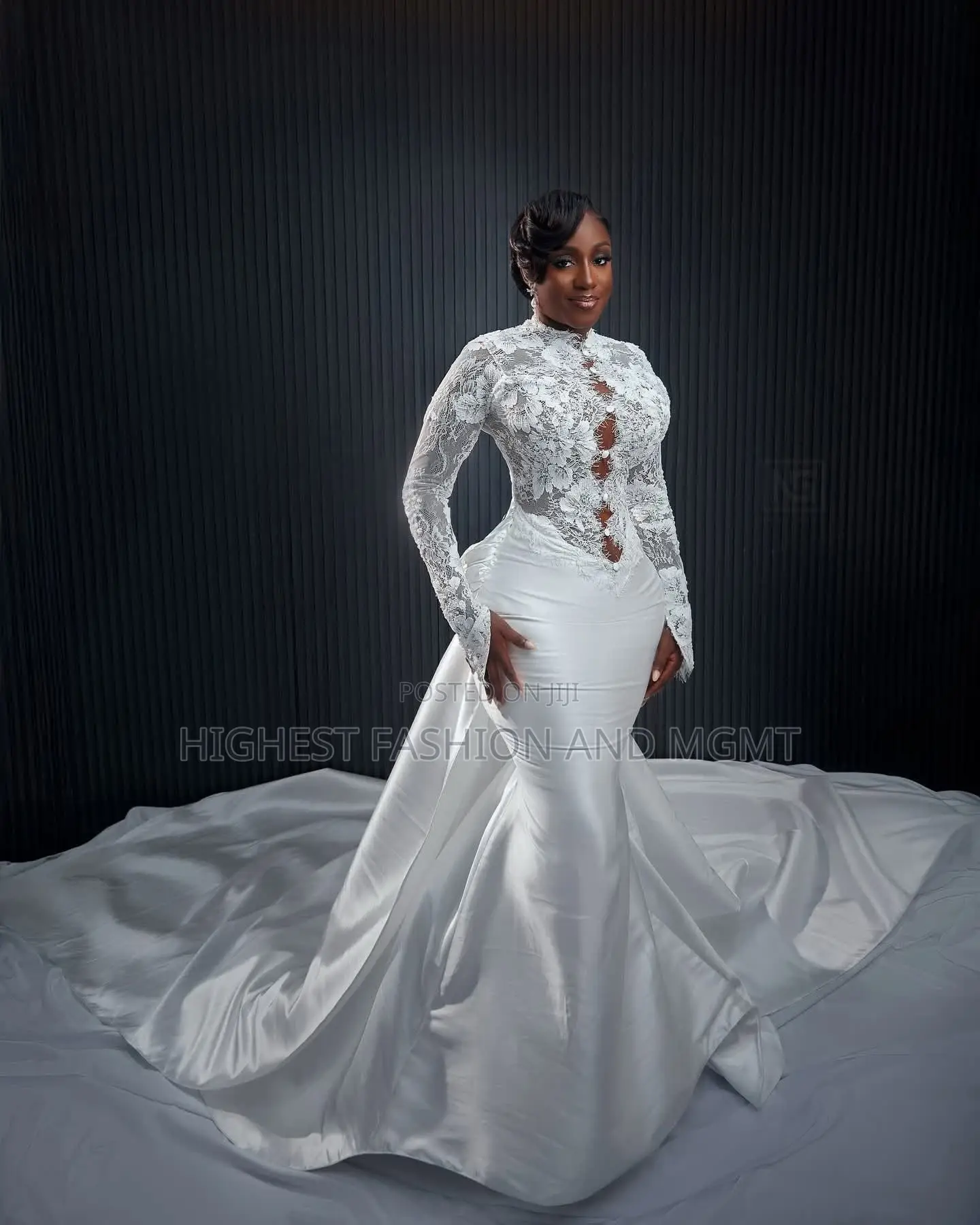 Long-Sleeve Illusion Lace Bridal Dress With Structural Satin Skirt