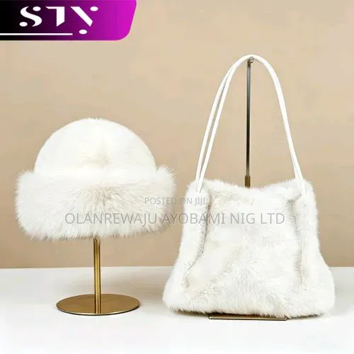 Sty 2in 1ladies Faux Mink Fur Purse + Hat Set Small Handbag Fluffy Hat