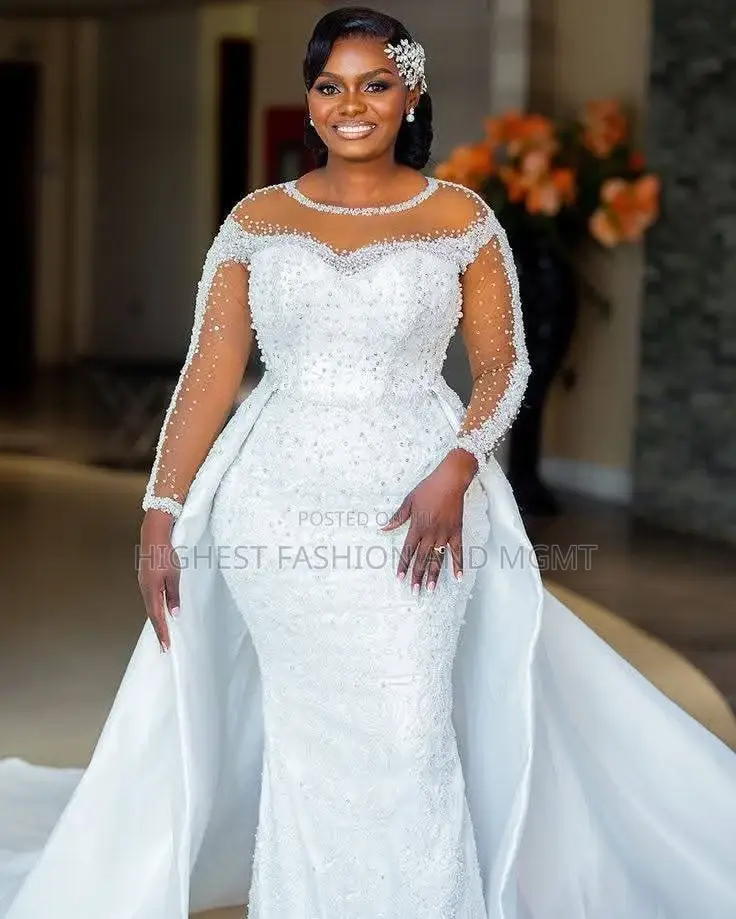 Pearl Crystal-Encrusted Mermaid Wedding Gown With Satin Overskirt