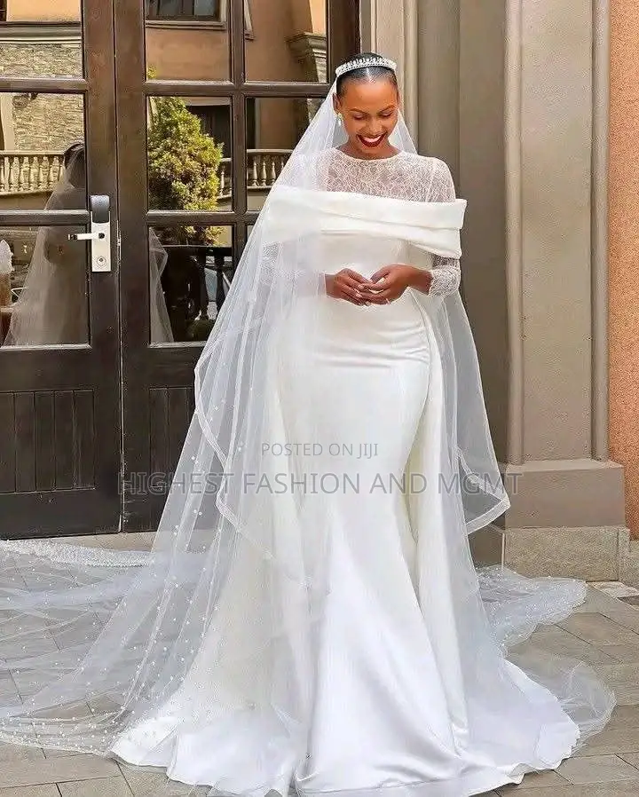 Mock-Neck Chantilly Lace Bridal Dress and Structural Satin Overlay