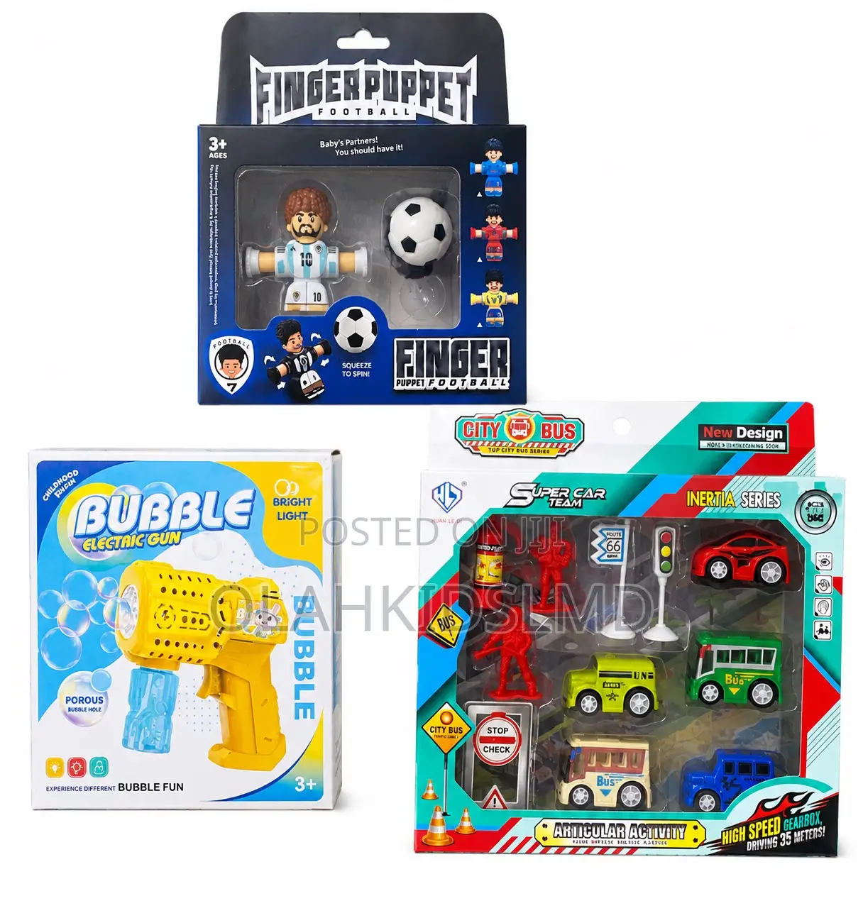 Kids Toy Bundle – Finger Puppet Football, Bubble Gun City Bus Play