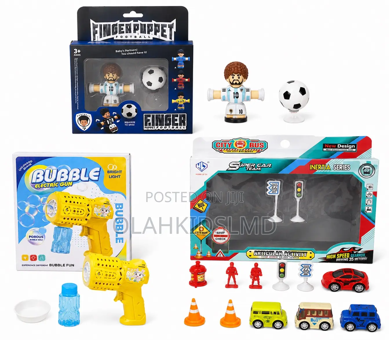 Kids Toy Bundle – Finger Puppet Football, Bubble Gun City Bus Play
