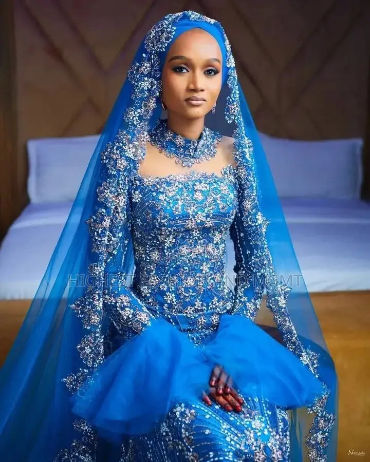 Electric Blue Embellished Bridal Dress With Matching Headwrap Set