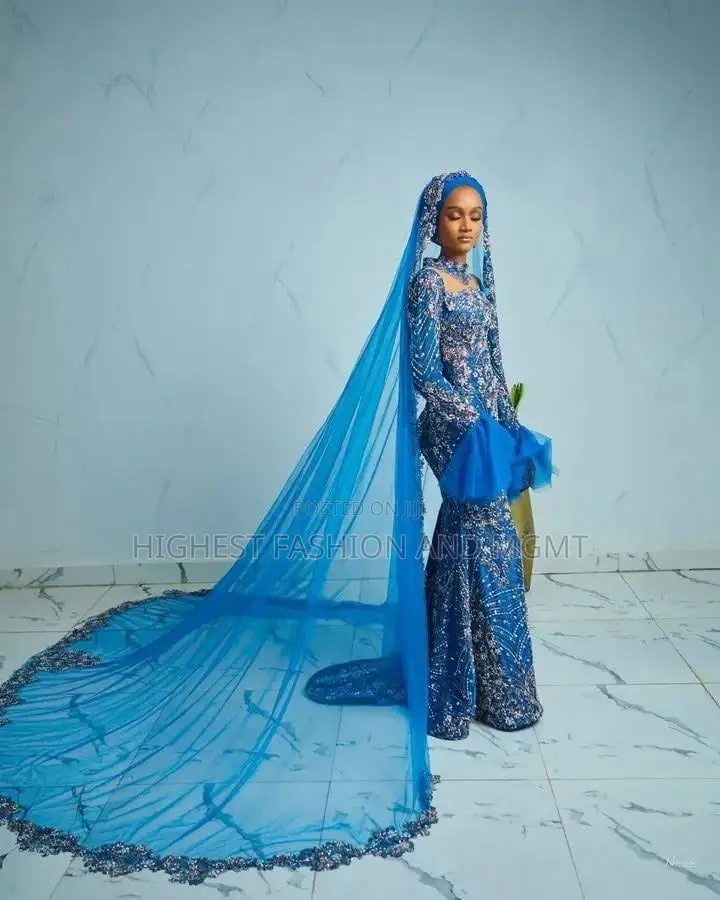 Electric Blue Embellished Bridal Dress With Matching Headwrap Set