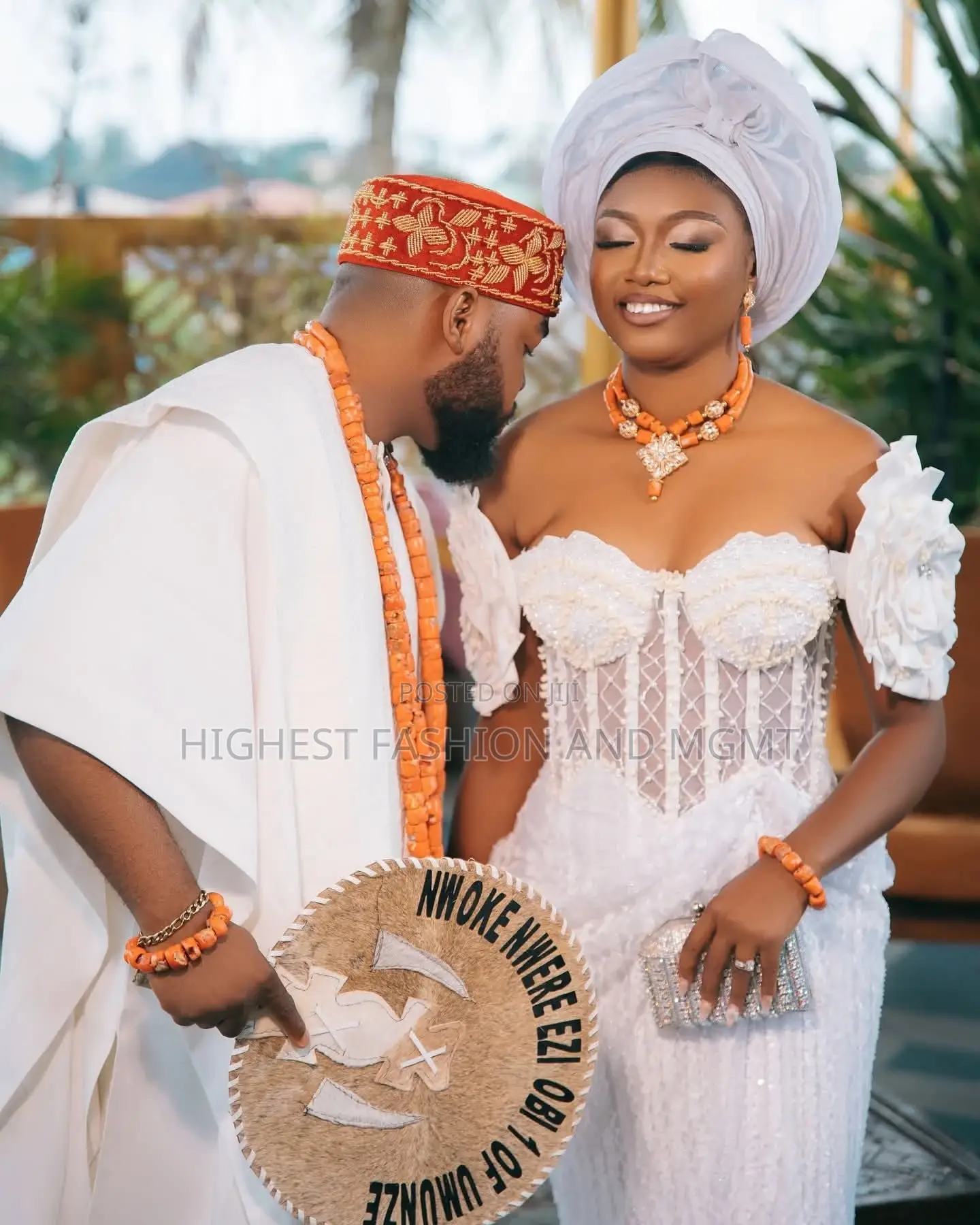 Uxury Off-Shoulder Bridal Gown With Floral Sleeves and Matching Gele