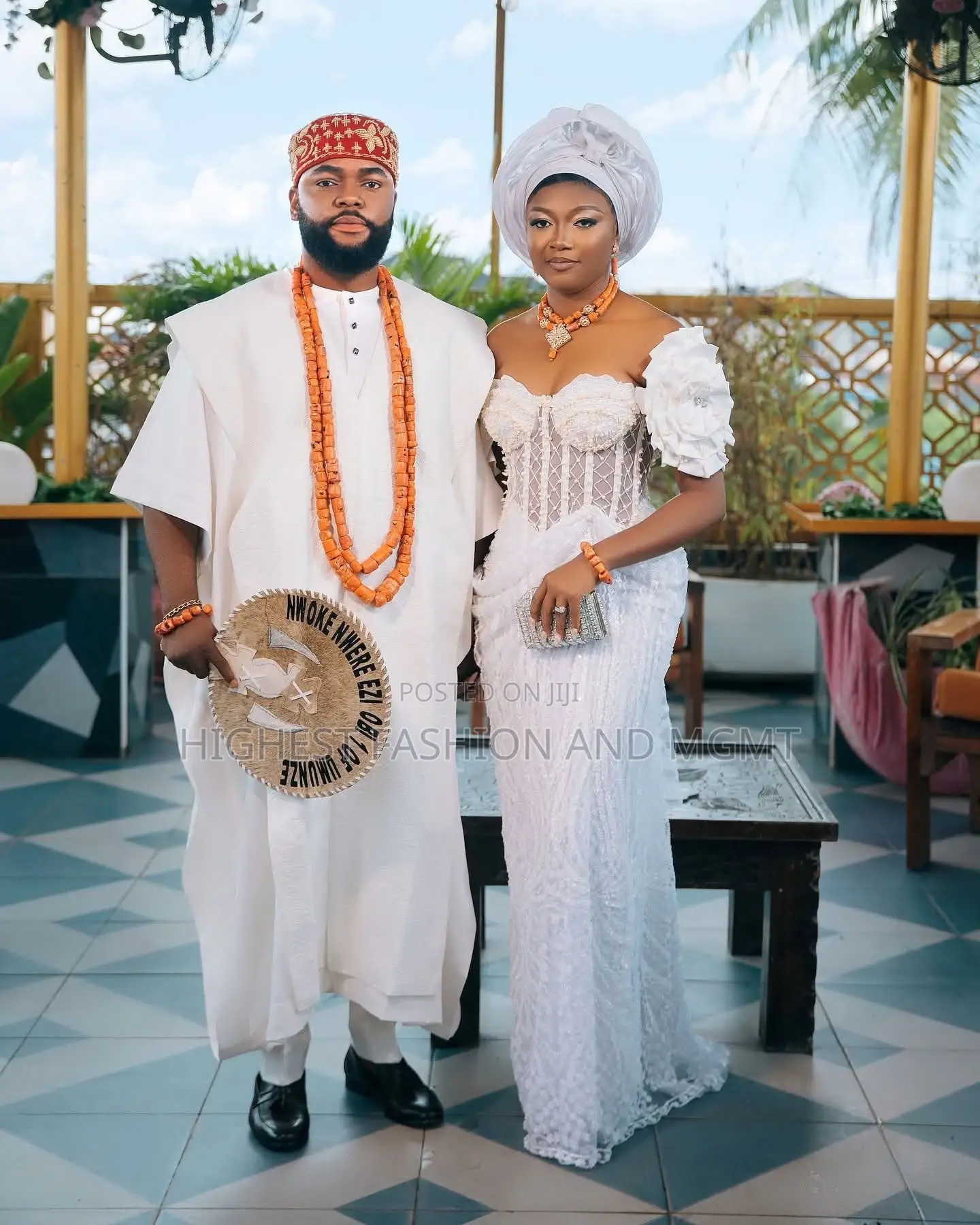 Uxury Off-Shoulder Bridal Gown With Floral Sleeves and Matching Gele