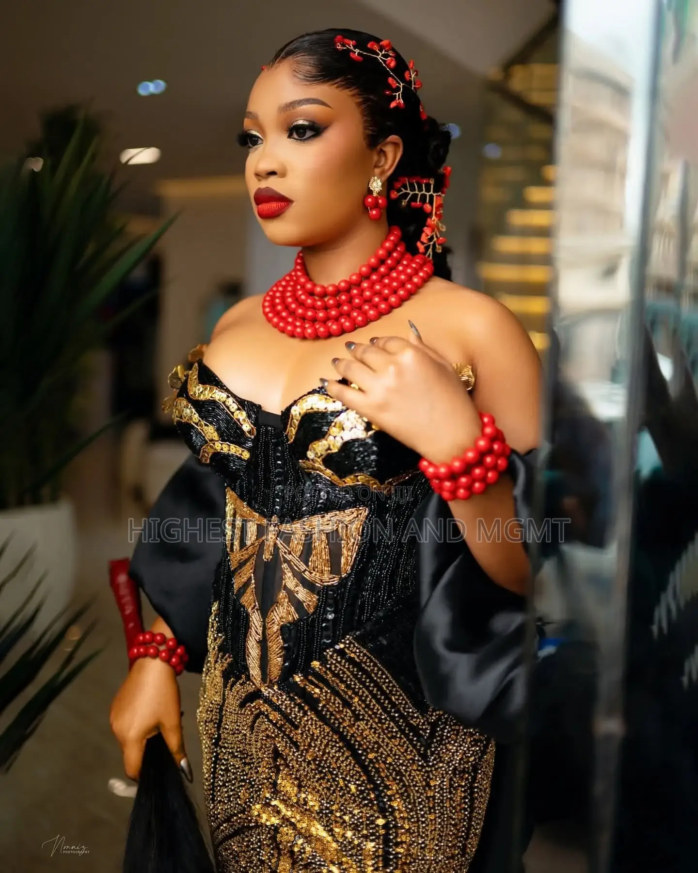 Gold Sequin Butterfly Motif Traditional Dress and Coral Accent Styling