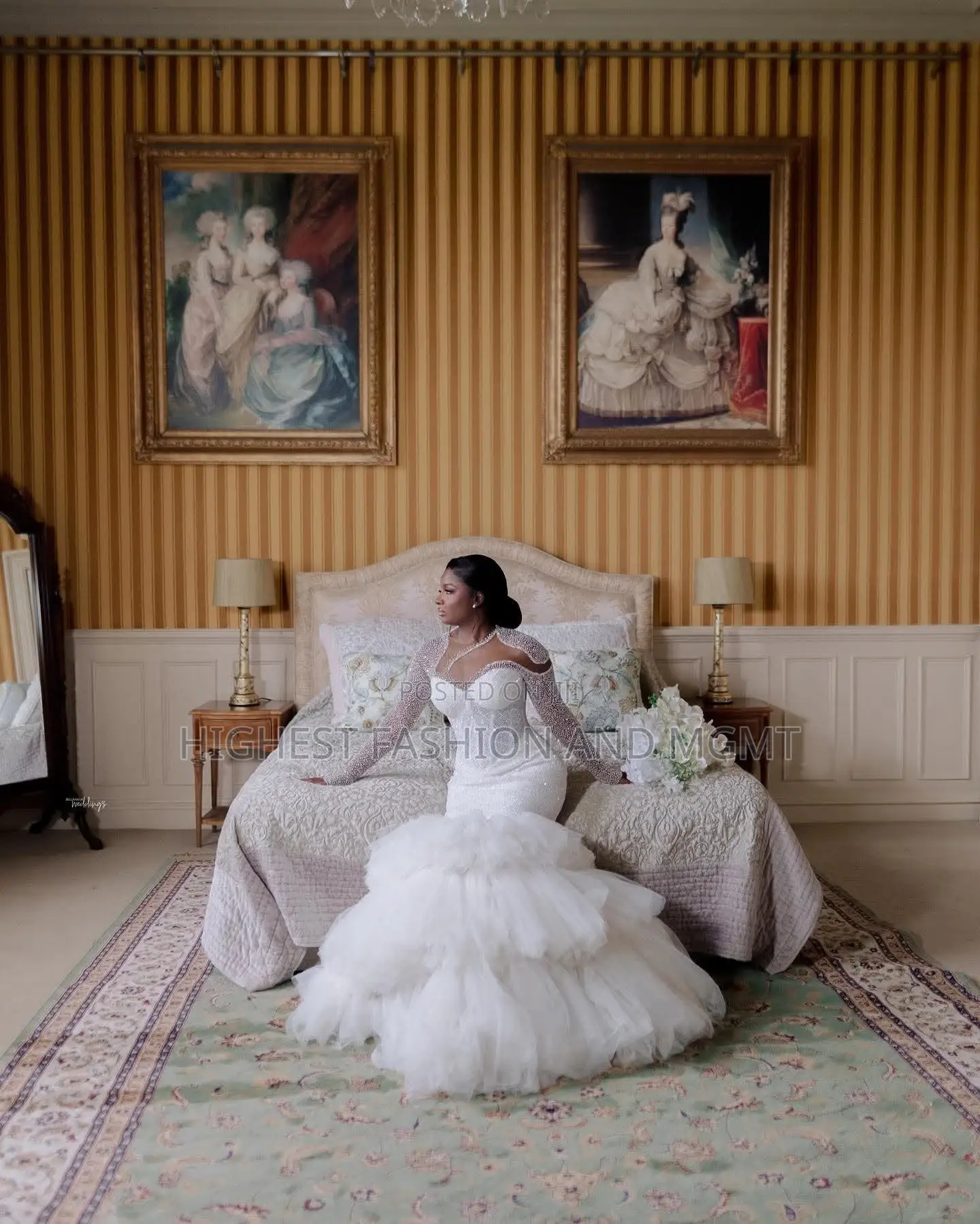 Asymmetric Pearl-Encrusted Mermaid Gown and Tiered Ruffled Tulle Skirt