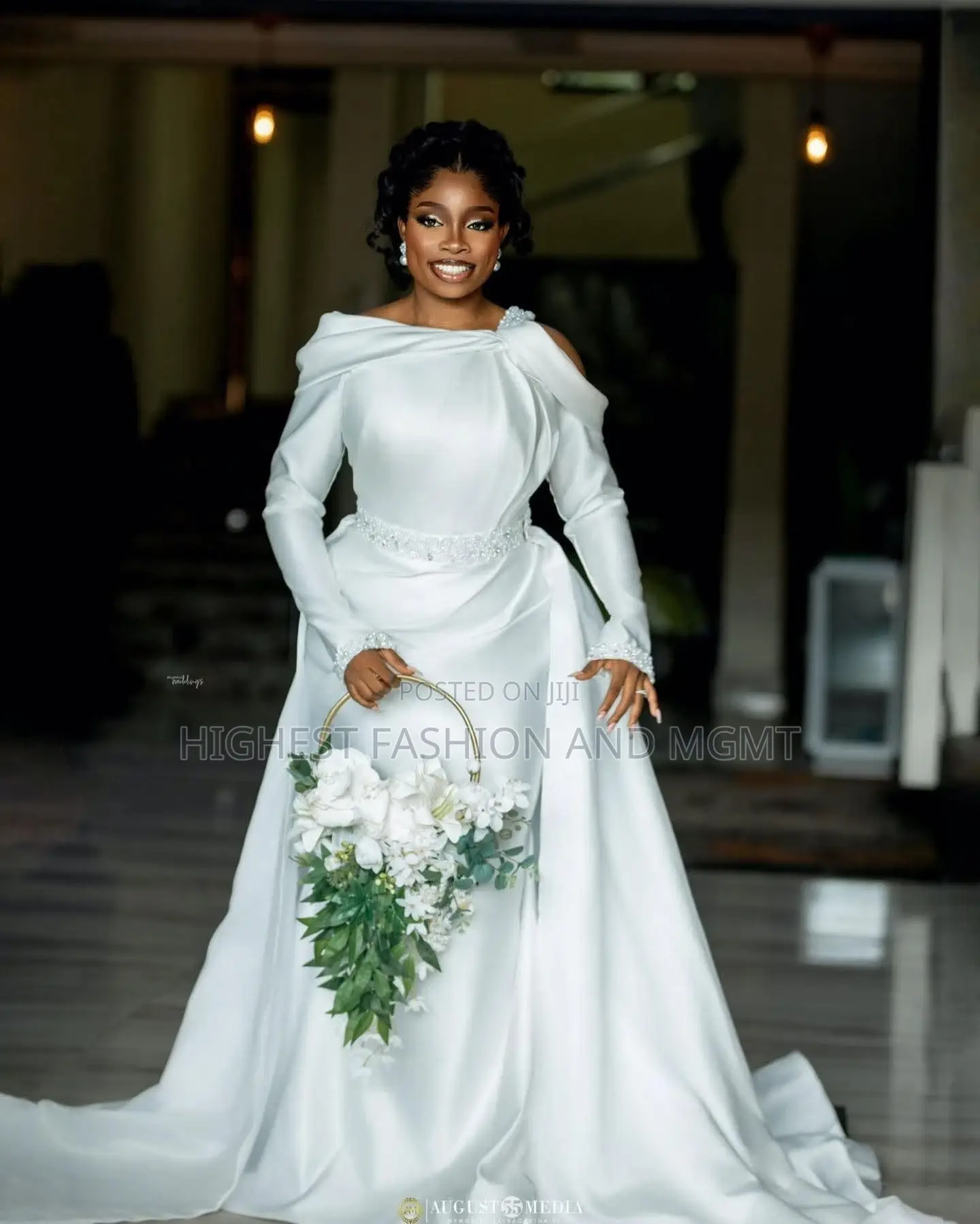 Premium Pearl-Cuff Cold-Shoulder Silk Bridal Gown