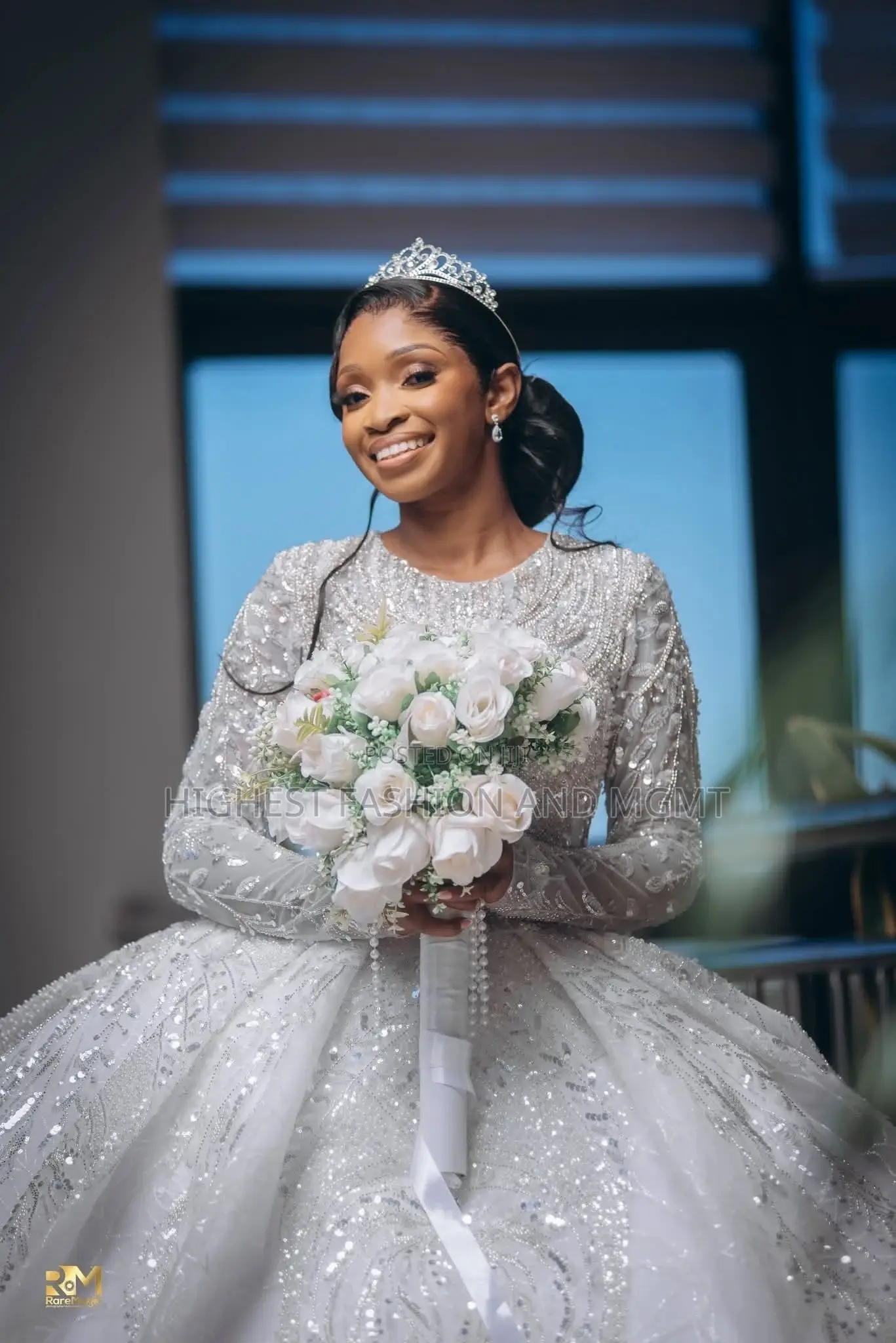 Luxury Heavily Sequined Princess Ball Gown and Long Embellished Sleeve
