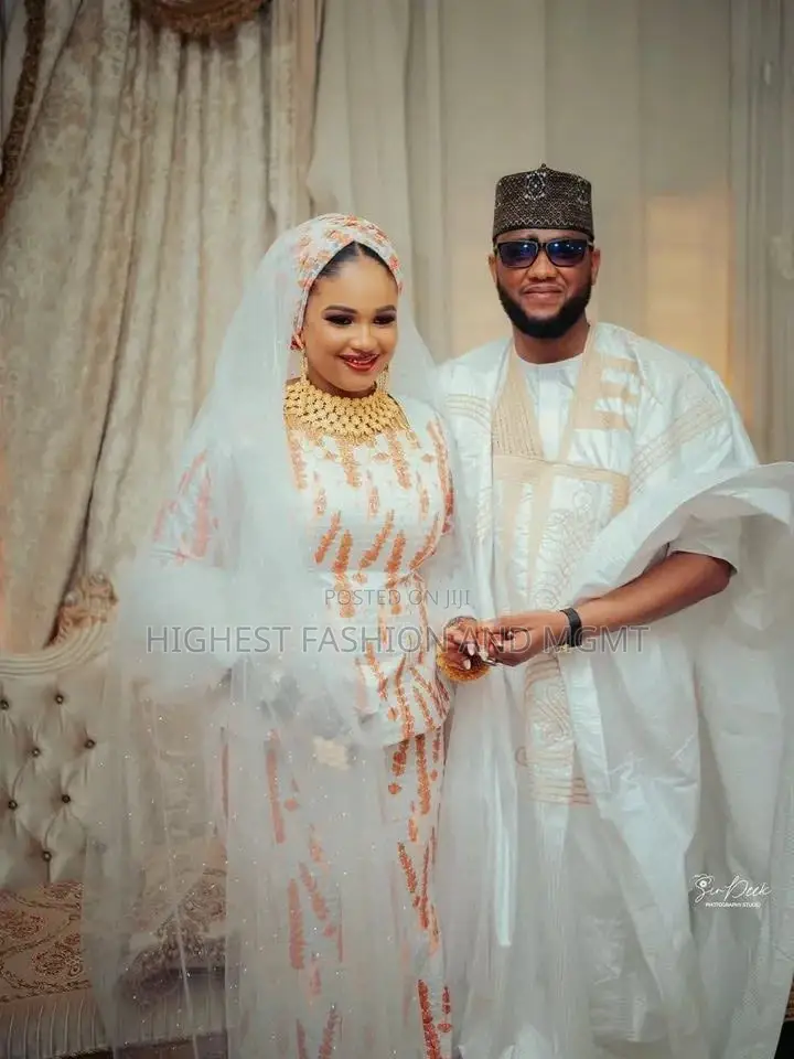 Luxury White Peach Embroidered Lace Arewa Bridal Set With Veil