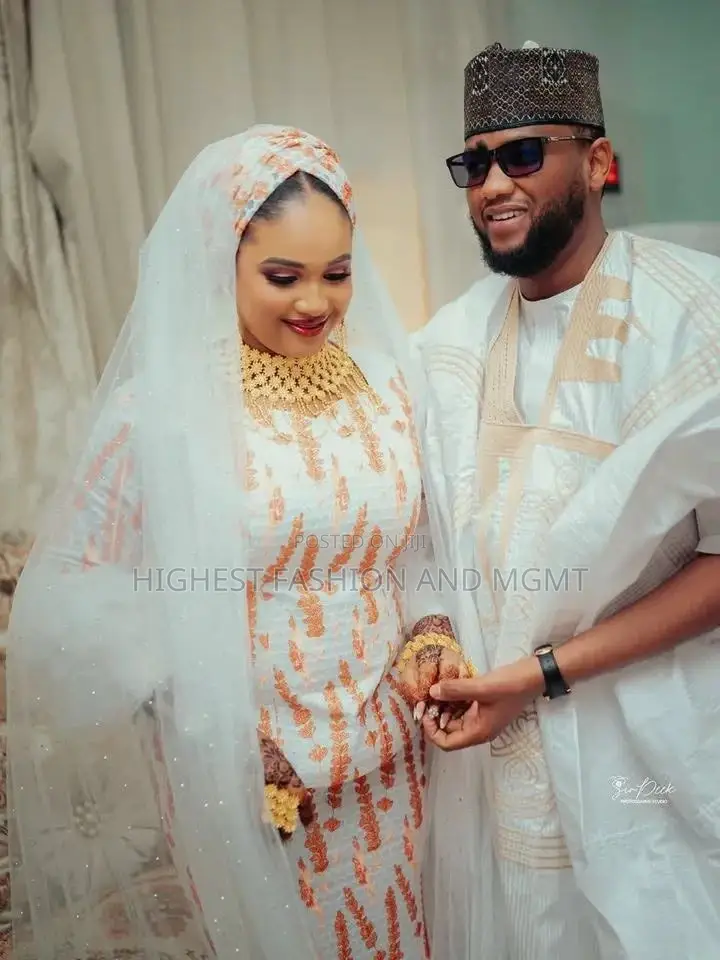 Luxury White Peach Embroidered Lace Arewa Bridal Set With Veil