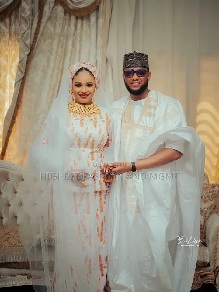 Luxury White Peach Embroidered Lace Arewa Bridal Set With Veil