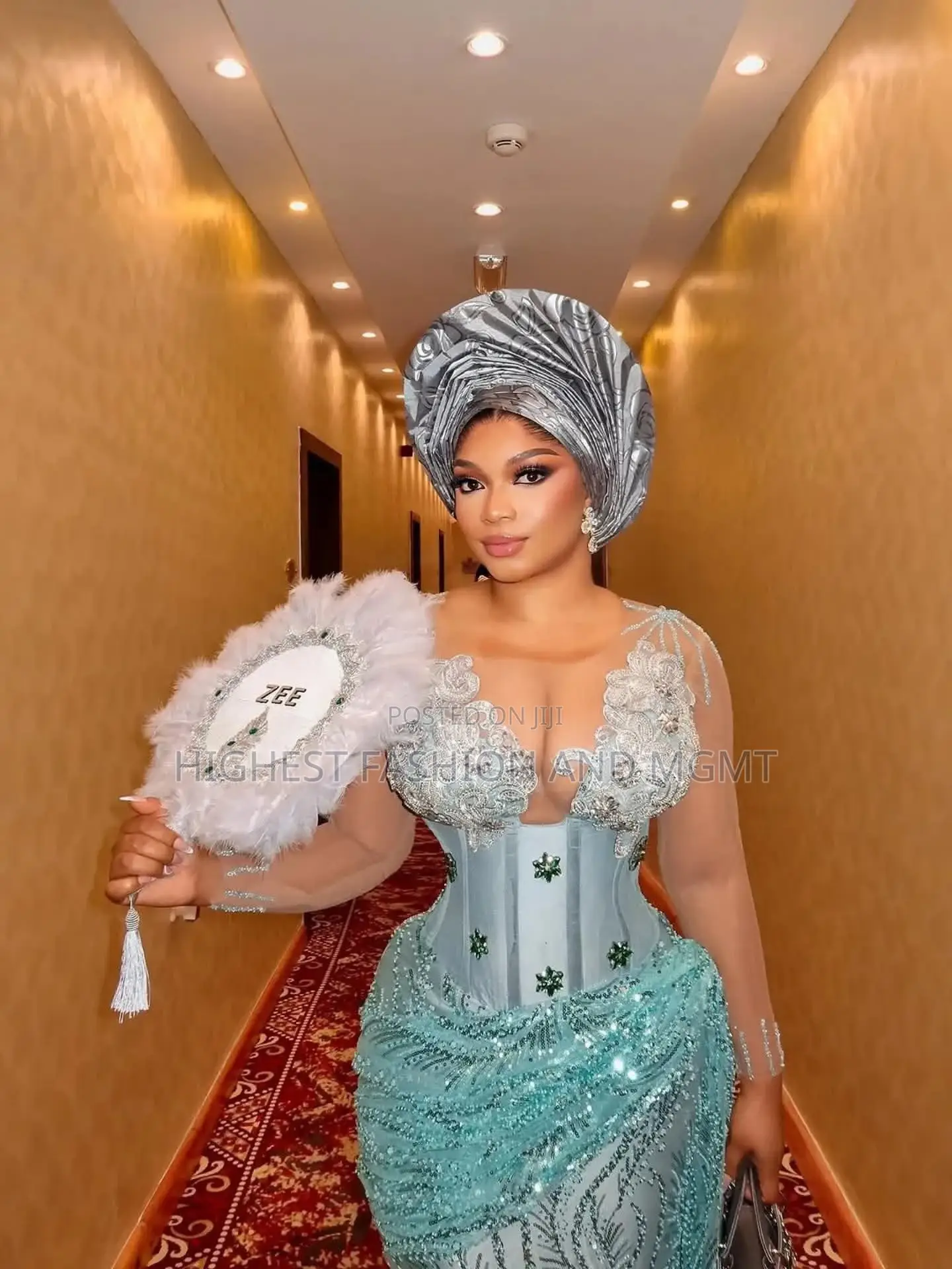 Elite Snatched Boned-Corset Aso Ebi Gown With Metallic Pleated Gele