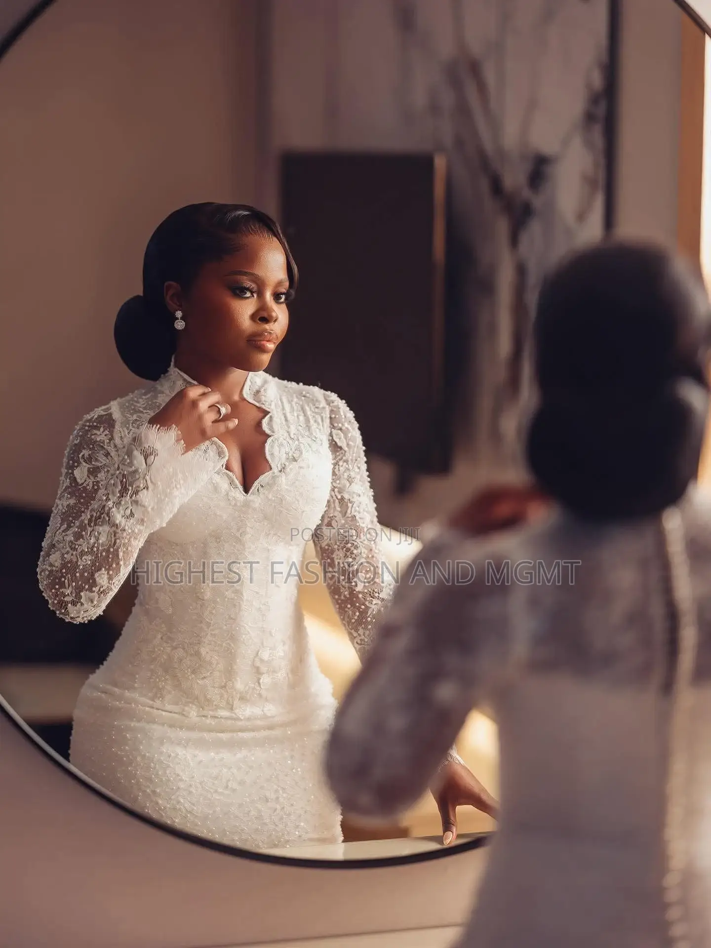Scalloped High-Neck Bridal Dress With Floral Lace Sleeves