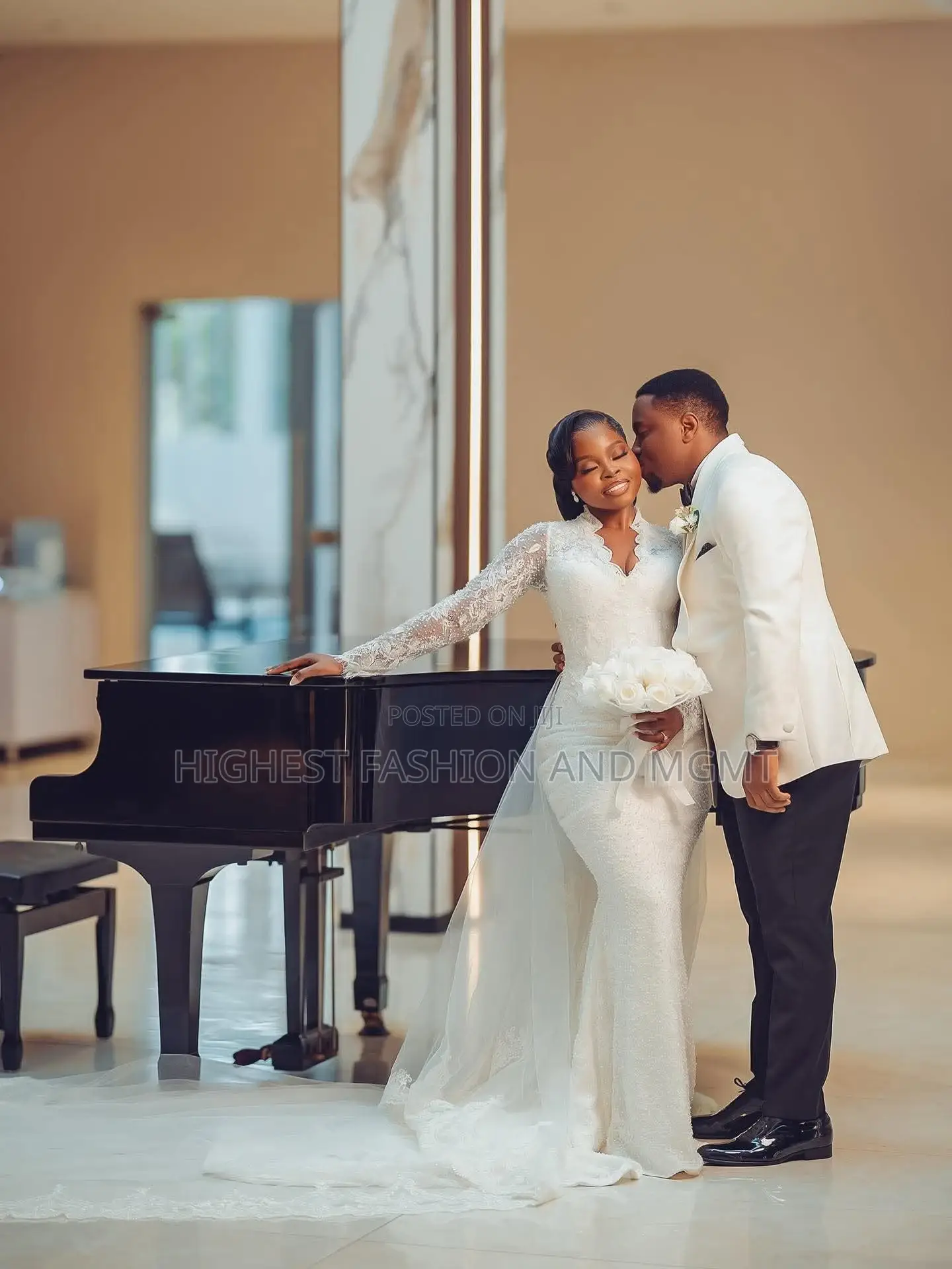 Scalloped High-Neck Bridal Dress With Floral Lace Sleeves