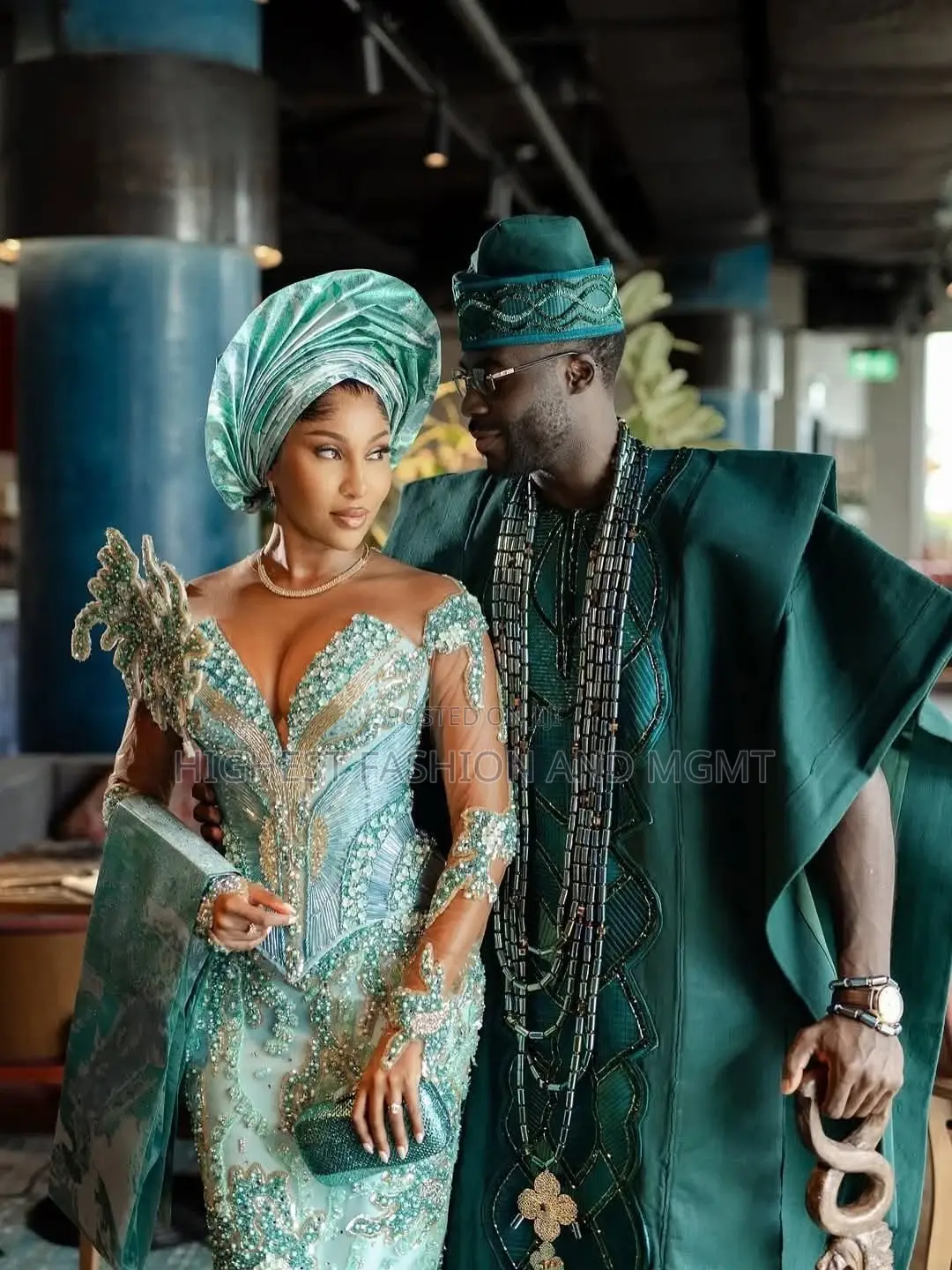 Encrusted Mint Green Lace Snatched Gown With Matching Structured Gele