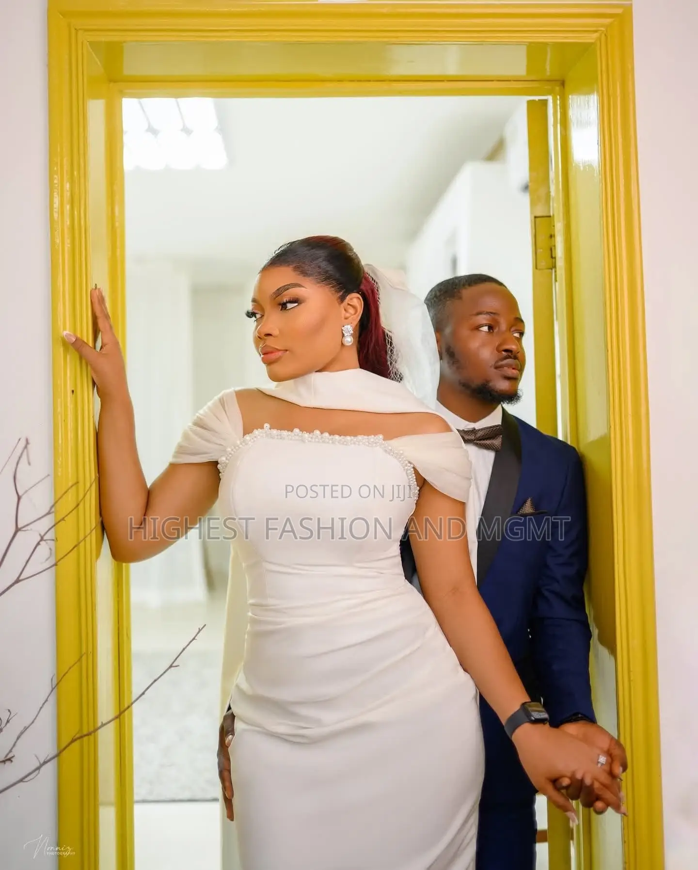 Premium Ruched White Civil Wedding Gown With Pearl Neckline Cape