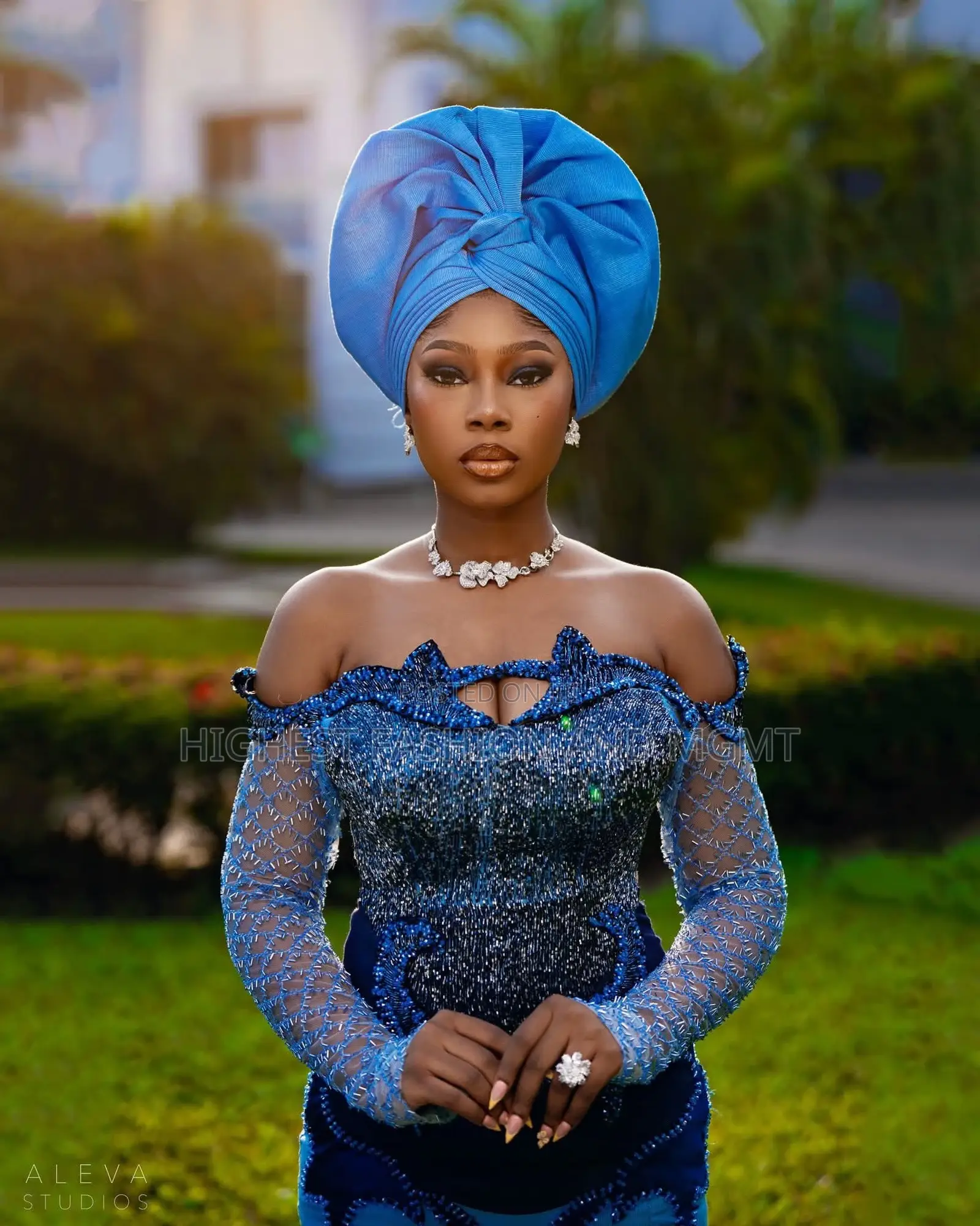 Premium Multi-Toned Blue Encrusted Bridal Gown With Trumpet Flounce