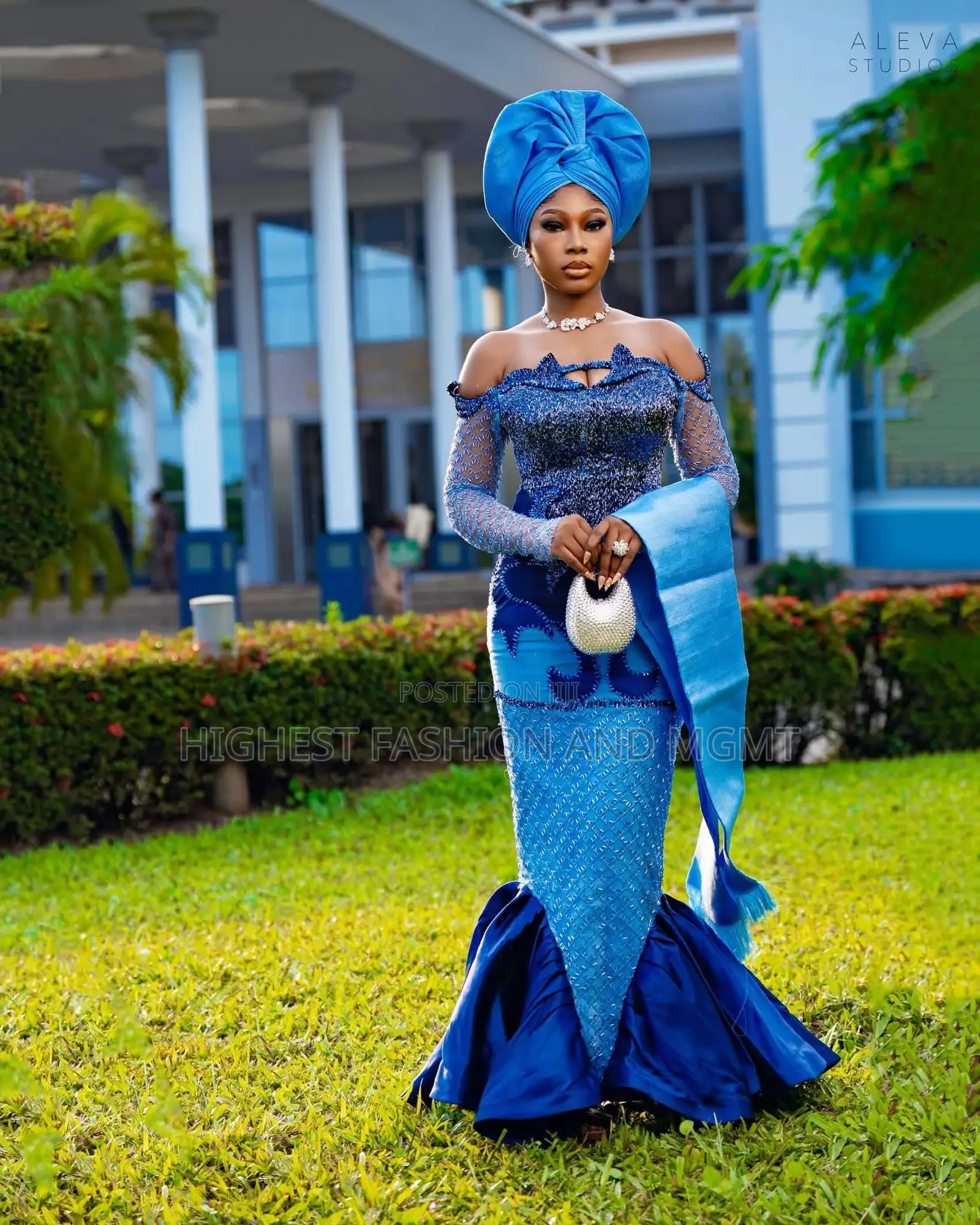 Premium Multi-Toned Blue Encrusted Bridal Gown With Trumpet Flounce