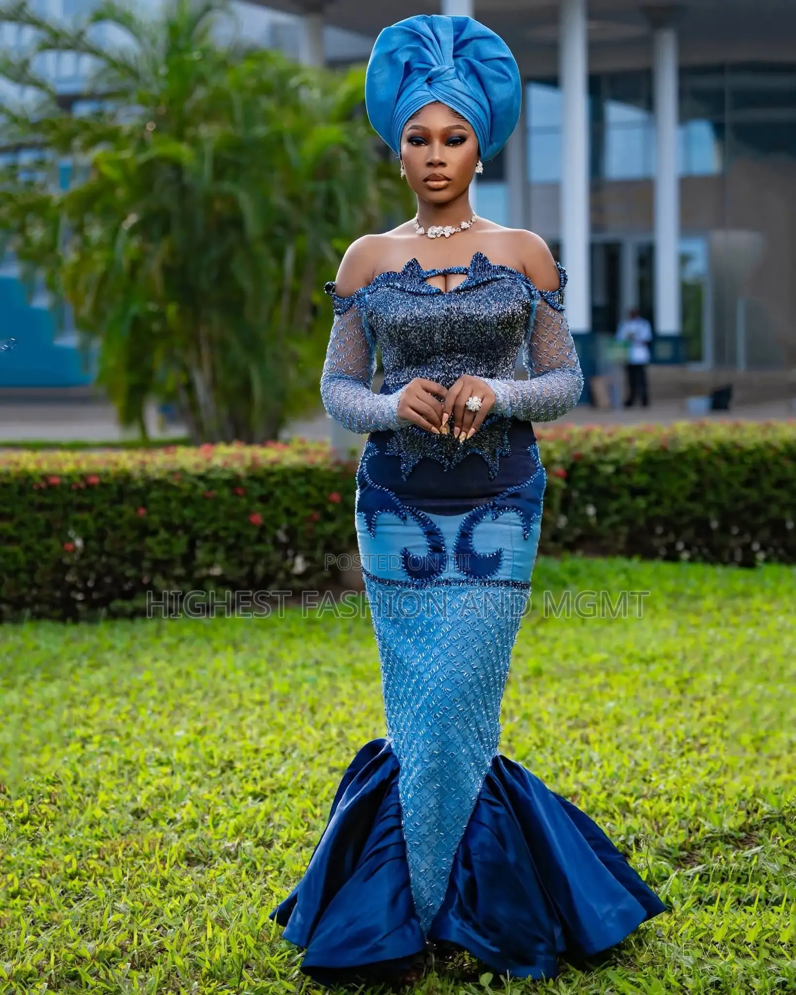 Premium Multi-Toned Blue Encrusted Bridal Gown With Trumpet Flounce