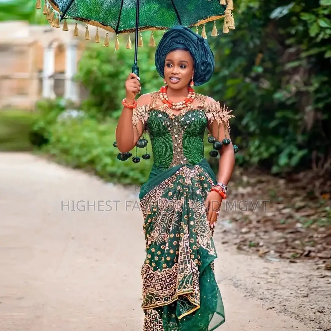 Premium Emerald Green Fully Beaded Corset Gown With Gold Leaf Accents