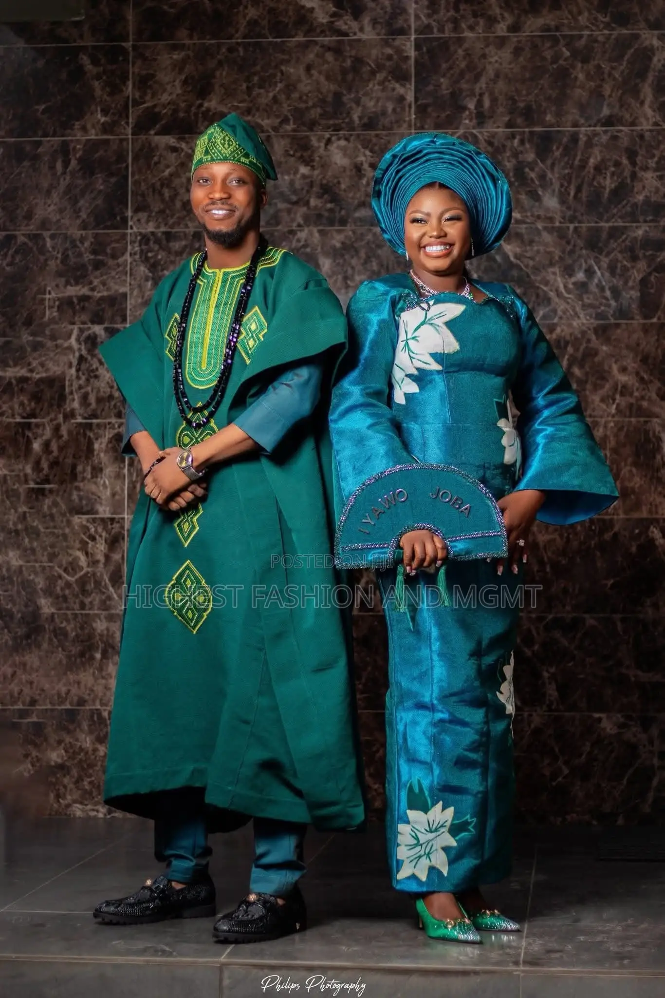 Premium Teal Leaf-Applique Aso-Oke Gown