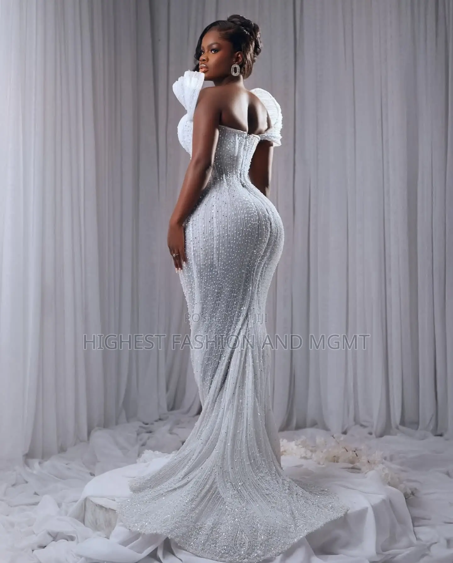 Premium White Structured-Neck Luxury Fully Crystal-Beaded Gown