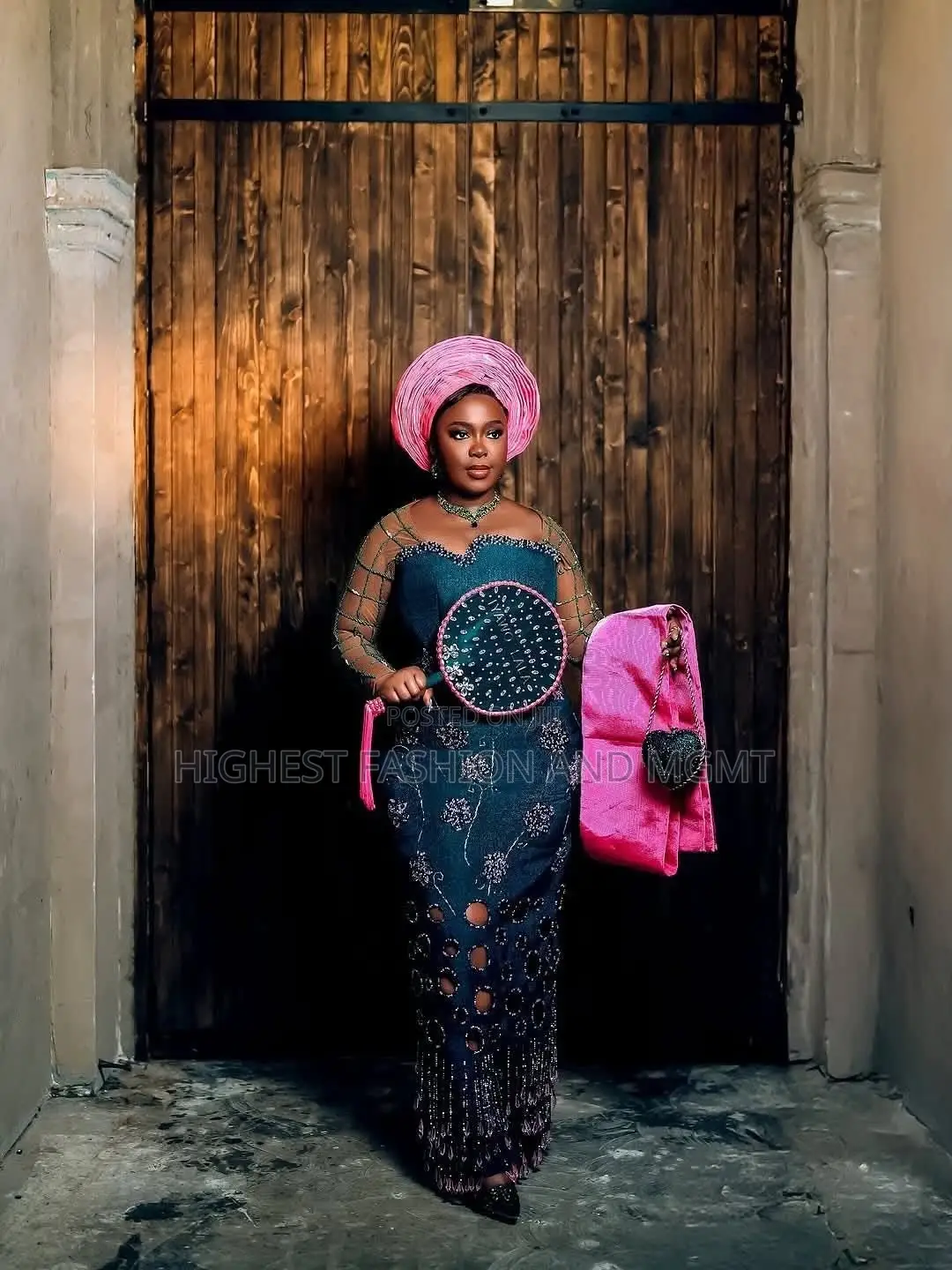Luxury Teal Floral Appliqué Engagement Dress With Pink Gele Ipele